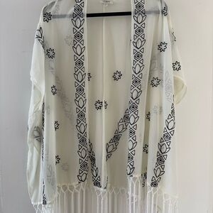 Cream Kimono with Black Detailed Patterns and Fringe